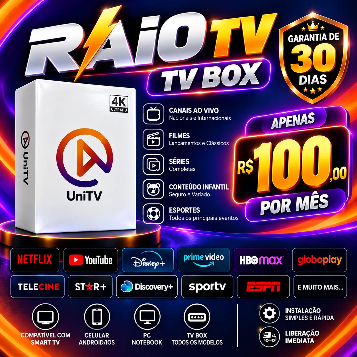 Banner promocional RAiO TV: TV Box com canais ao vivo, filmes, séries, conteúdo infantil e esportes